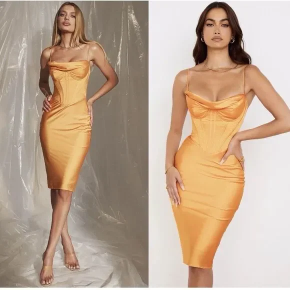 House of CB Myrna Tangerine Satin Corset Midi Dress Size XS NWT - Picture 1 of 16